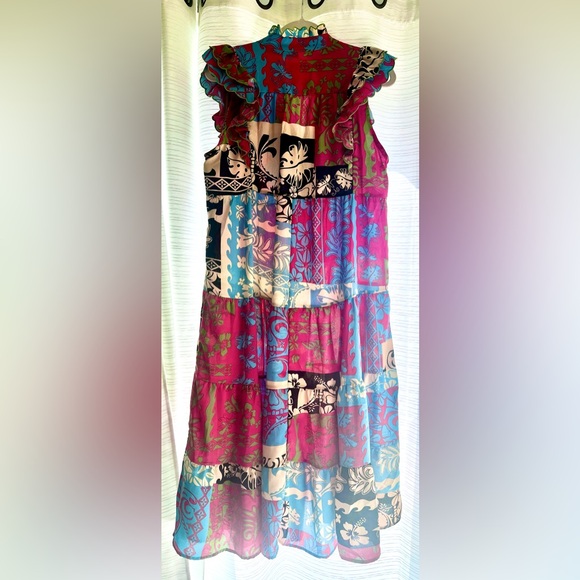 Umgee Pink Blue Multi Floral Print Ruffled Dress - Picture 3 of 3